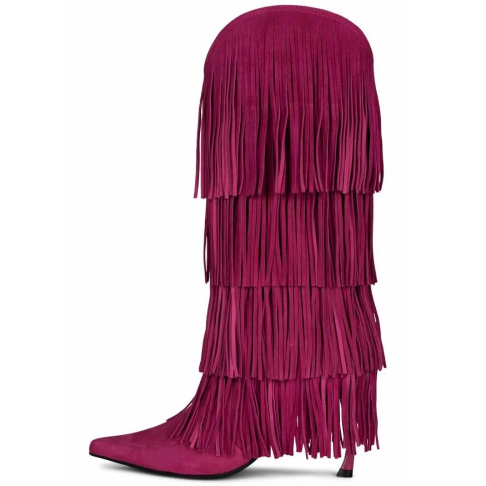 💋OBSESSED!💋 Genuine Leather Wildhorse Fringe Stiletto Boots in Fuchsia - Picture 4 of 13